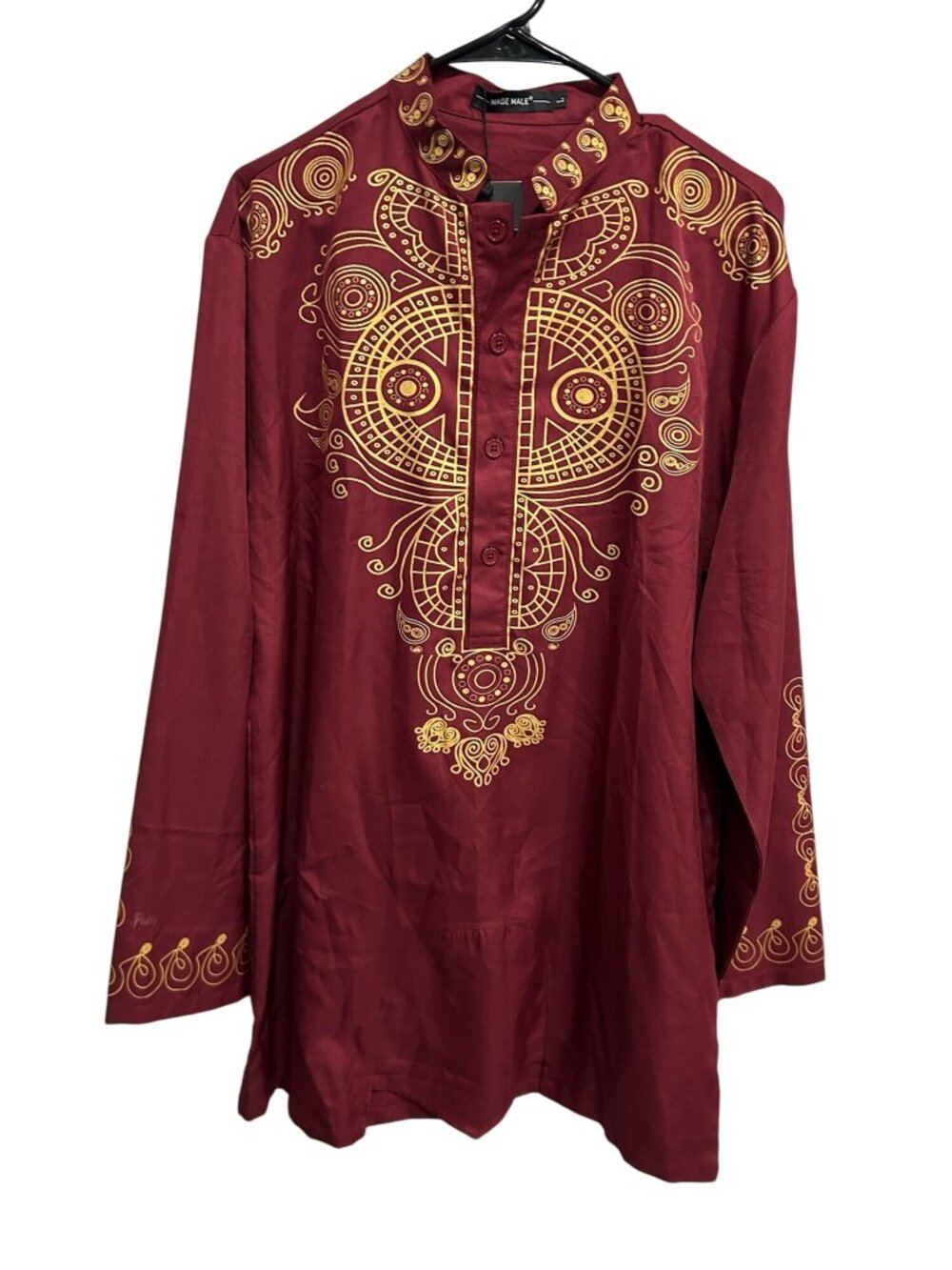 Mage Male Traditional Kurta Shirt Maroon Sz Large Long Sleeves Gold Pattern NWT